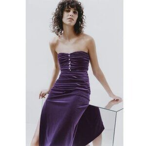 NWOT Zara Purple Velvet High Waist Drape Midi Skirt Tube Top Set XS